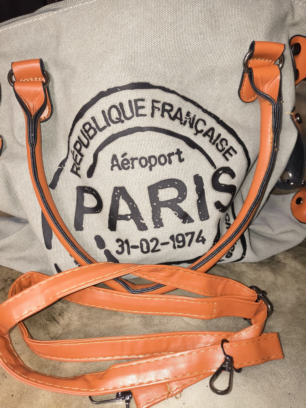 Paris Stamp Canvas Tote with Brown Trim And Black Hardware